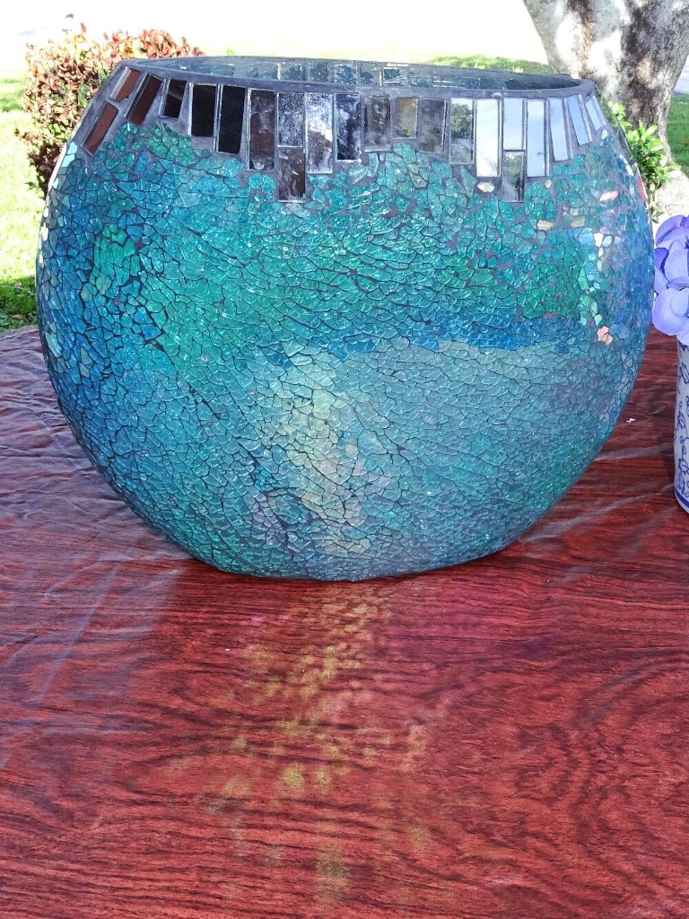 Vintage Large Round Crackle Glass Vase Aqua /Silver